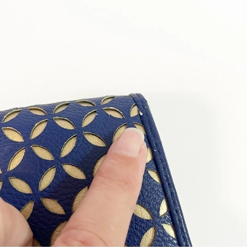 Buxton Womens Wallet Blue & Gold Lazer Cut Organizer Travel Zipper ID Holder